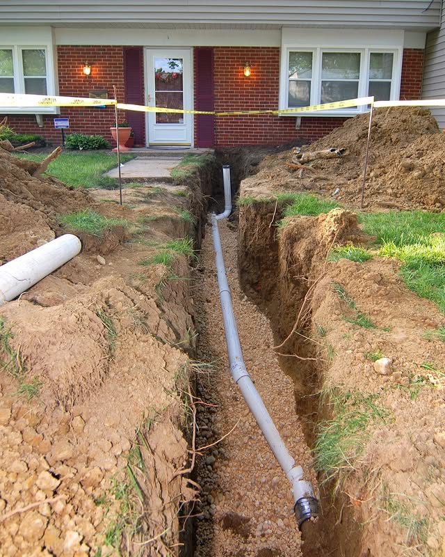 Open trench in front yard showing new sewer line replacement excavation at a Toledo home.